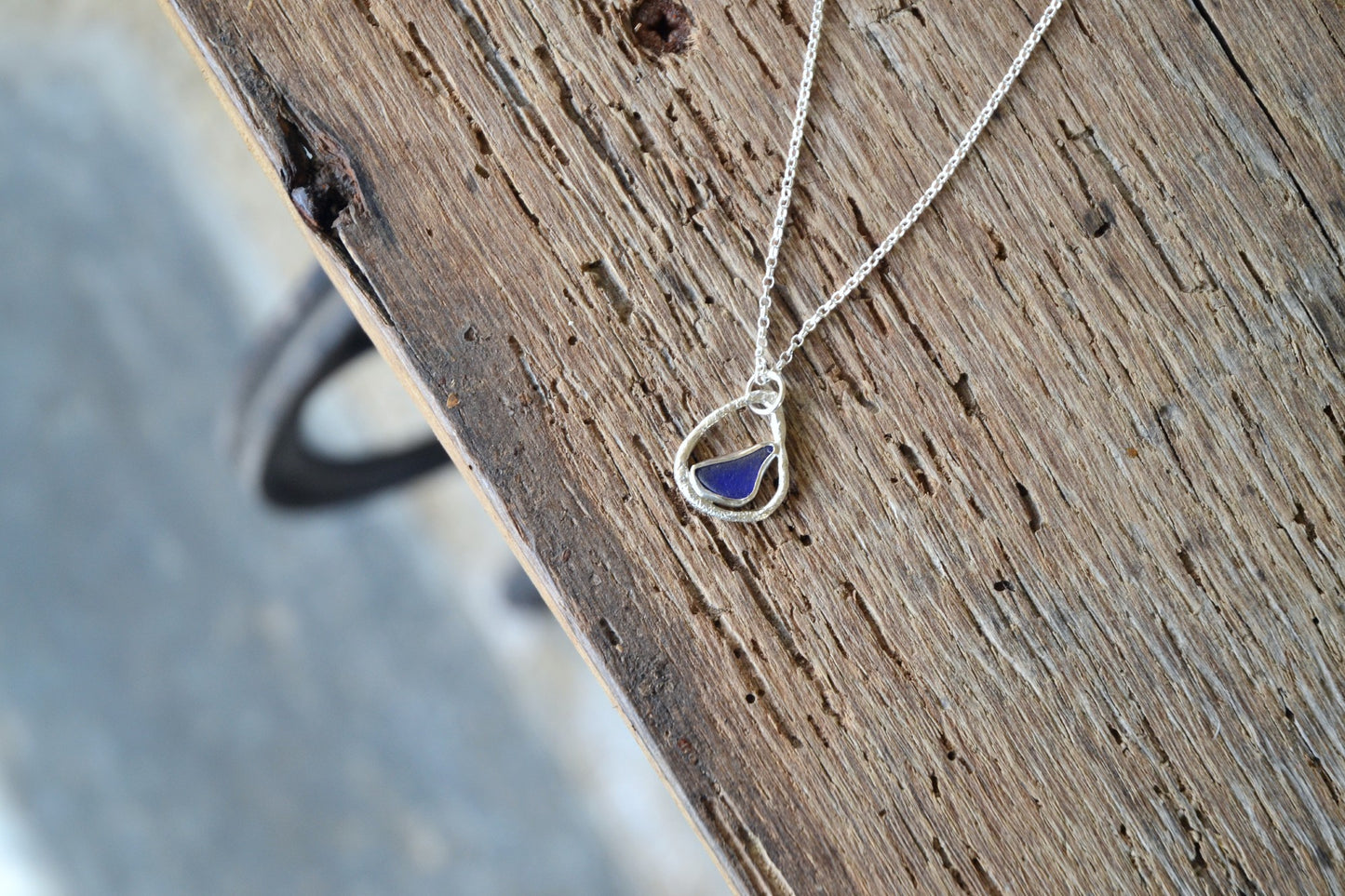 Cobalt Blue Sea Glass & Molten Silver Necklace