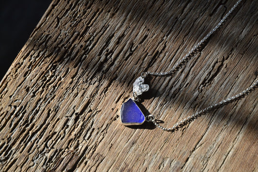 Blue Sea Glass & Molten Silver Strotha Necklace