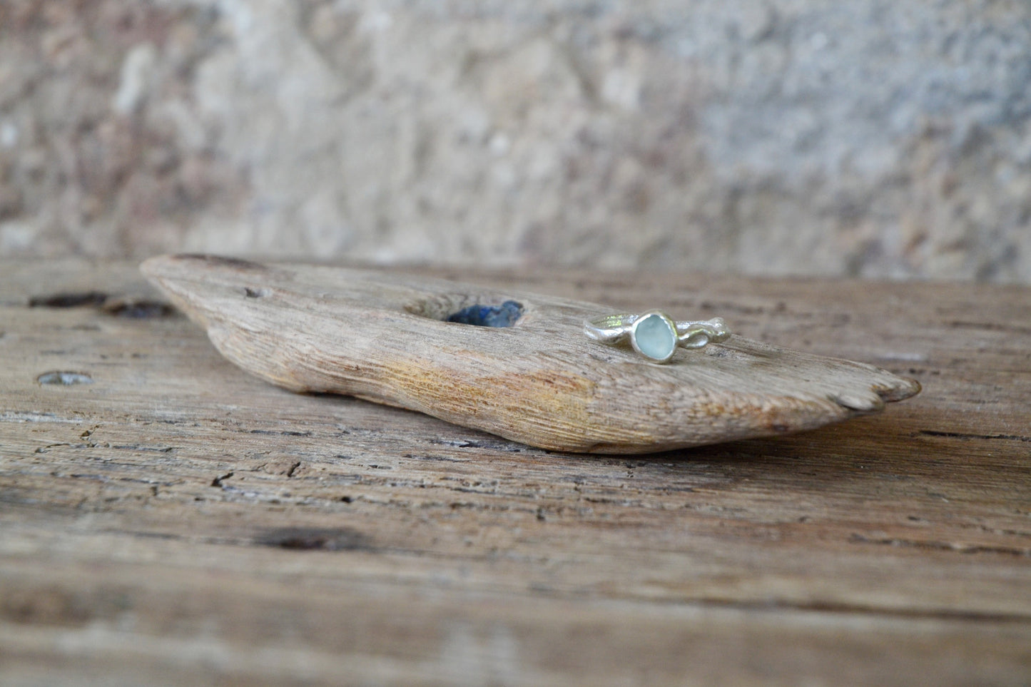 Molten Silver & Seafoam Sea Glass Ring - Size Q