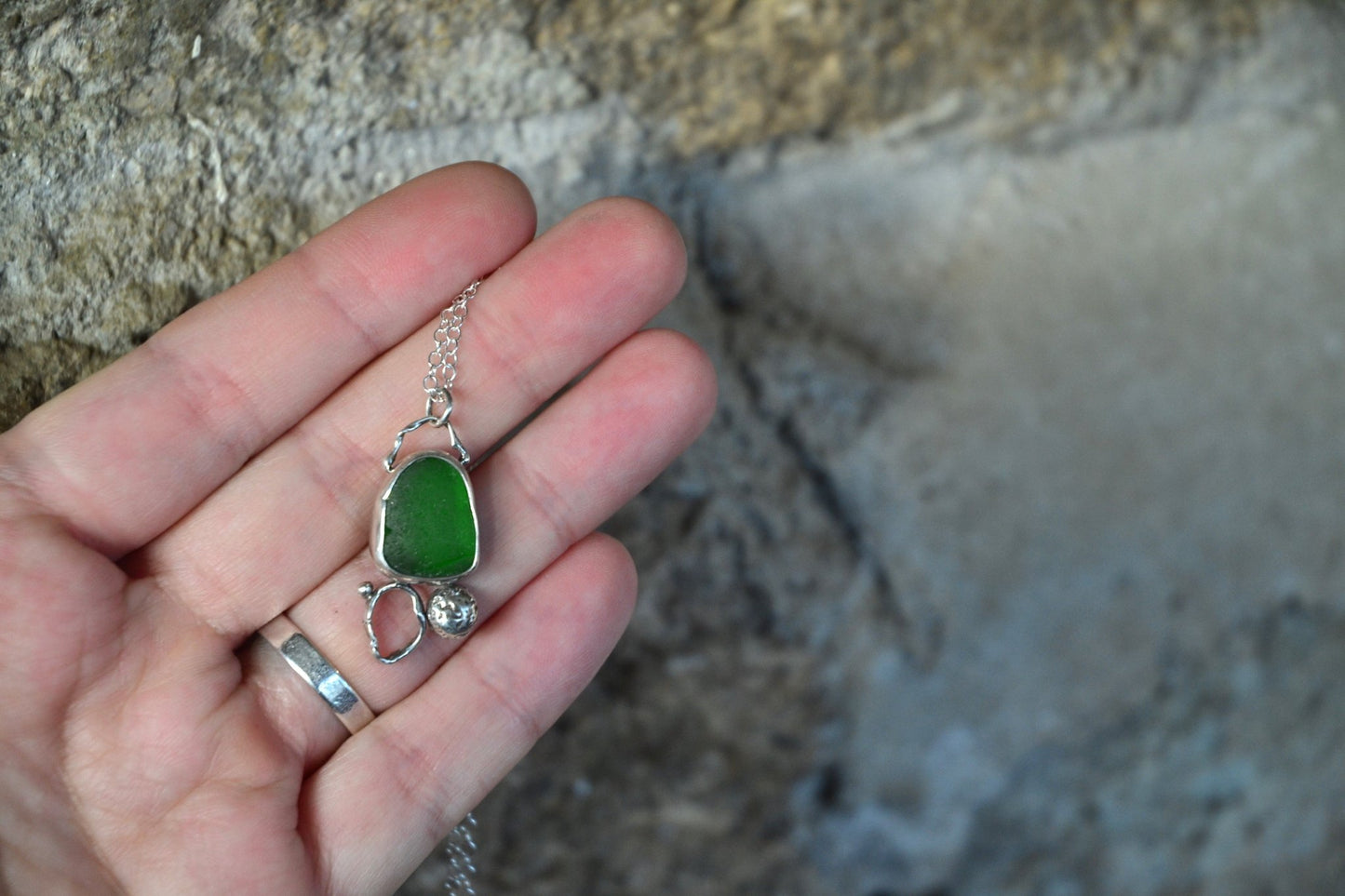 Emerald Green Sea Glass & Molten Silver Necklace - SeaMaid