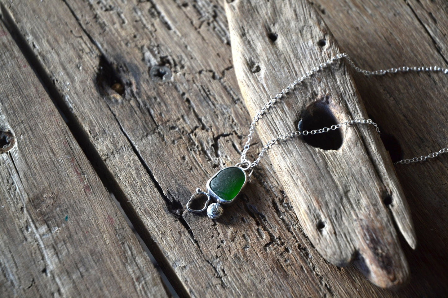 Emerald Green Sea Glass & Molten Silver Necklace - SeaMaid
