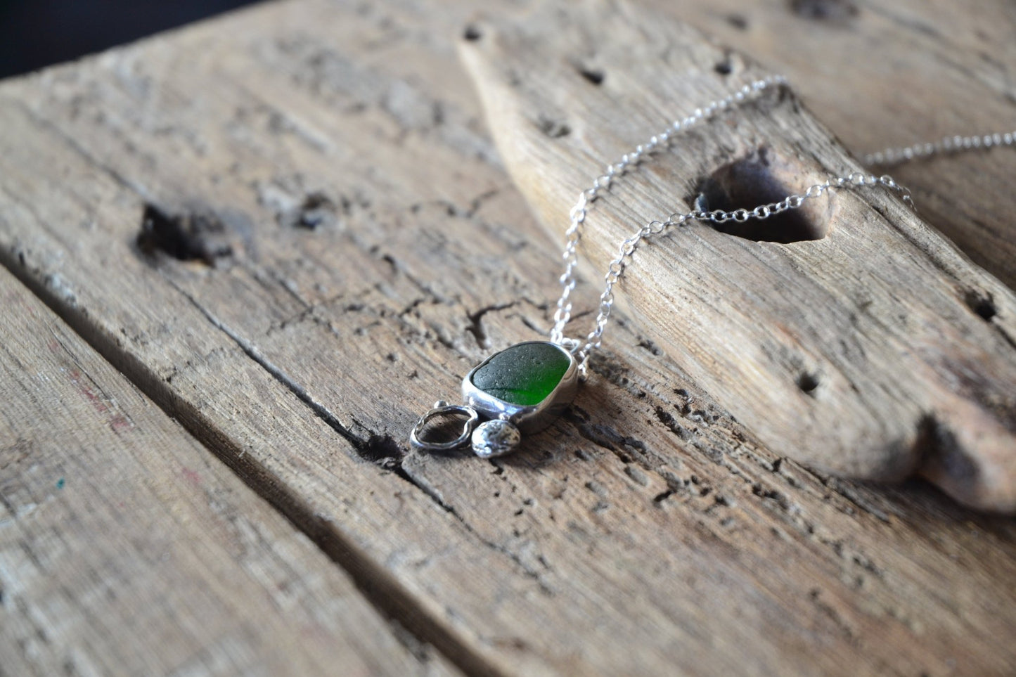 Emerald Green Sea Glass & Molten Silver Necklace - SeaMaid