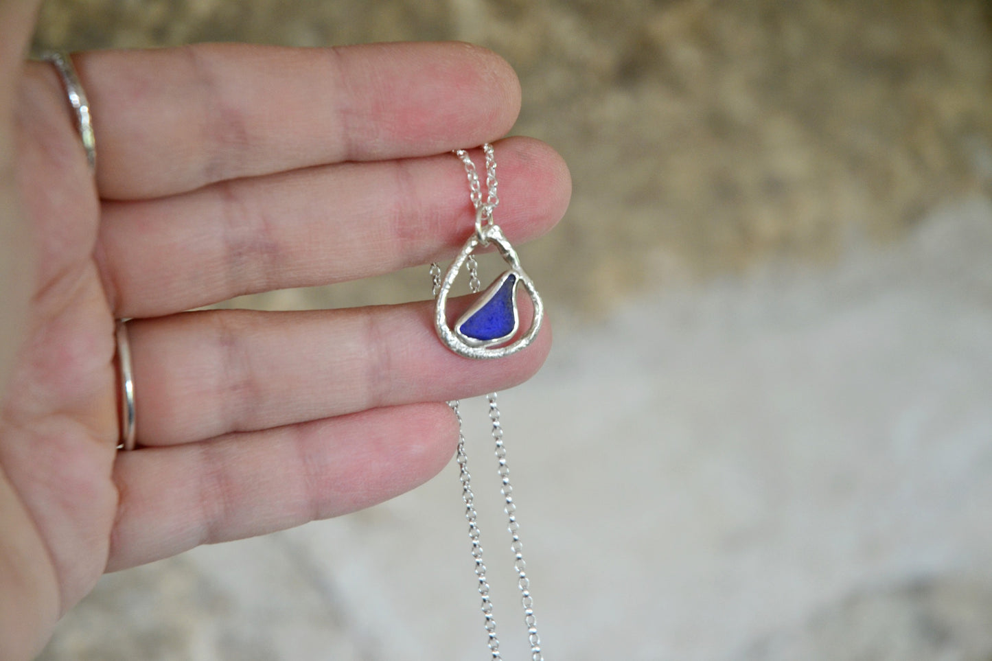 Cobalt Blue Sea Glass & Molten Silver Necklace