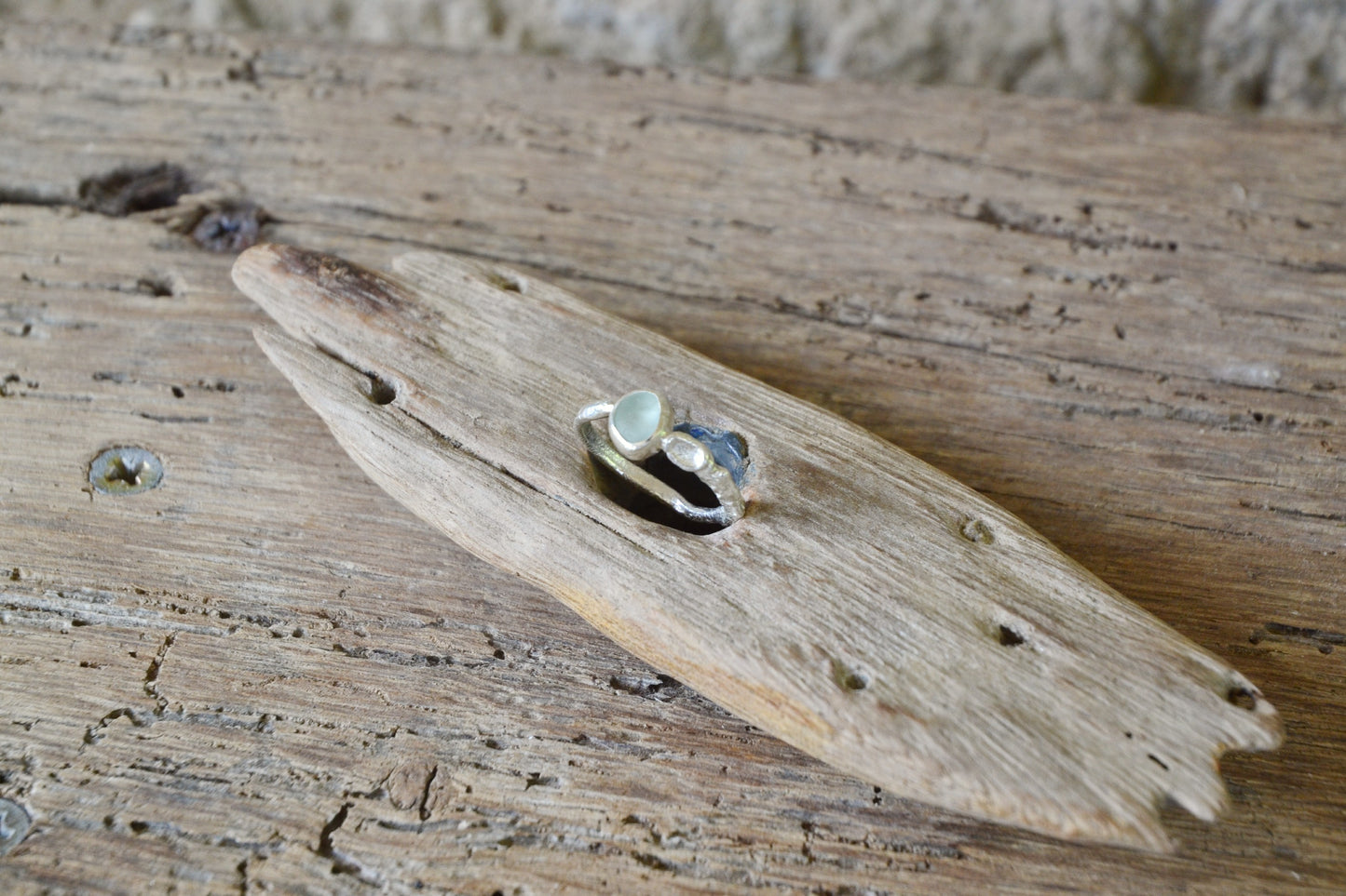Molten Silver & Seafoam Sea Glass Ring - Size Q