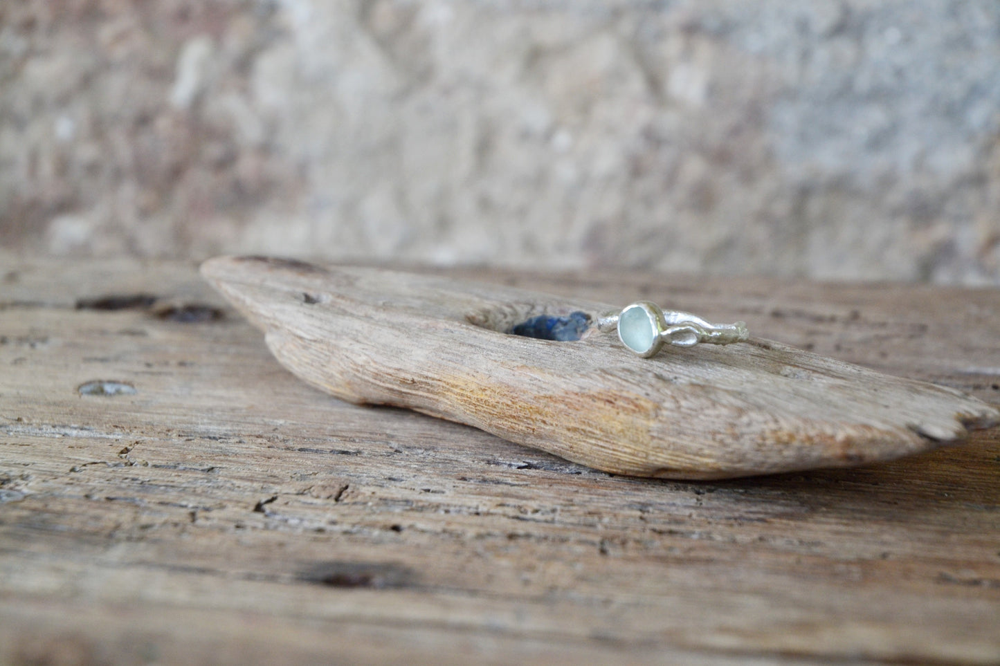 Molten Silver & Seafoam Sea Glass Ring - Size Q