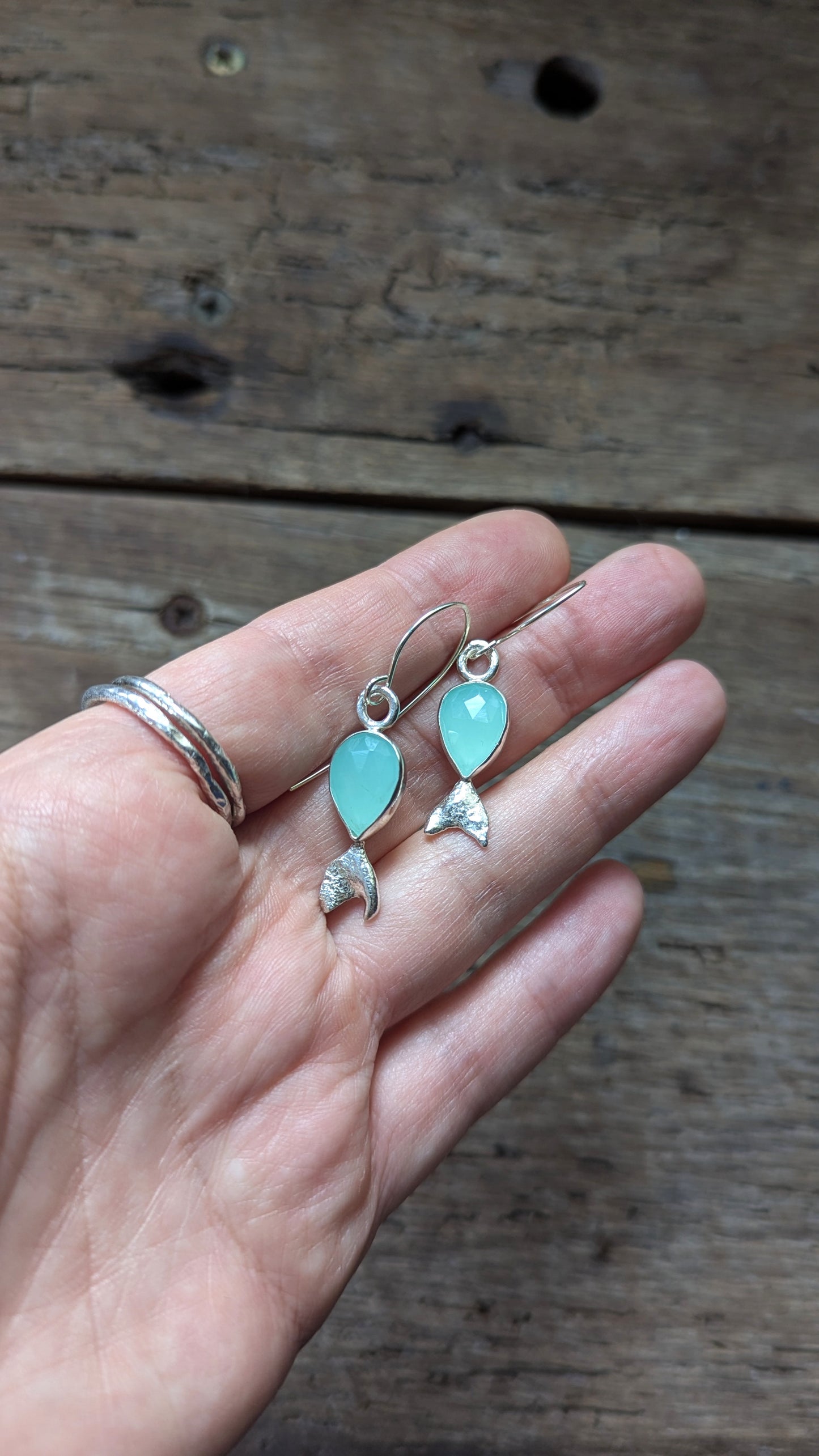 Aqua Chalcedony Fish Earrings