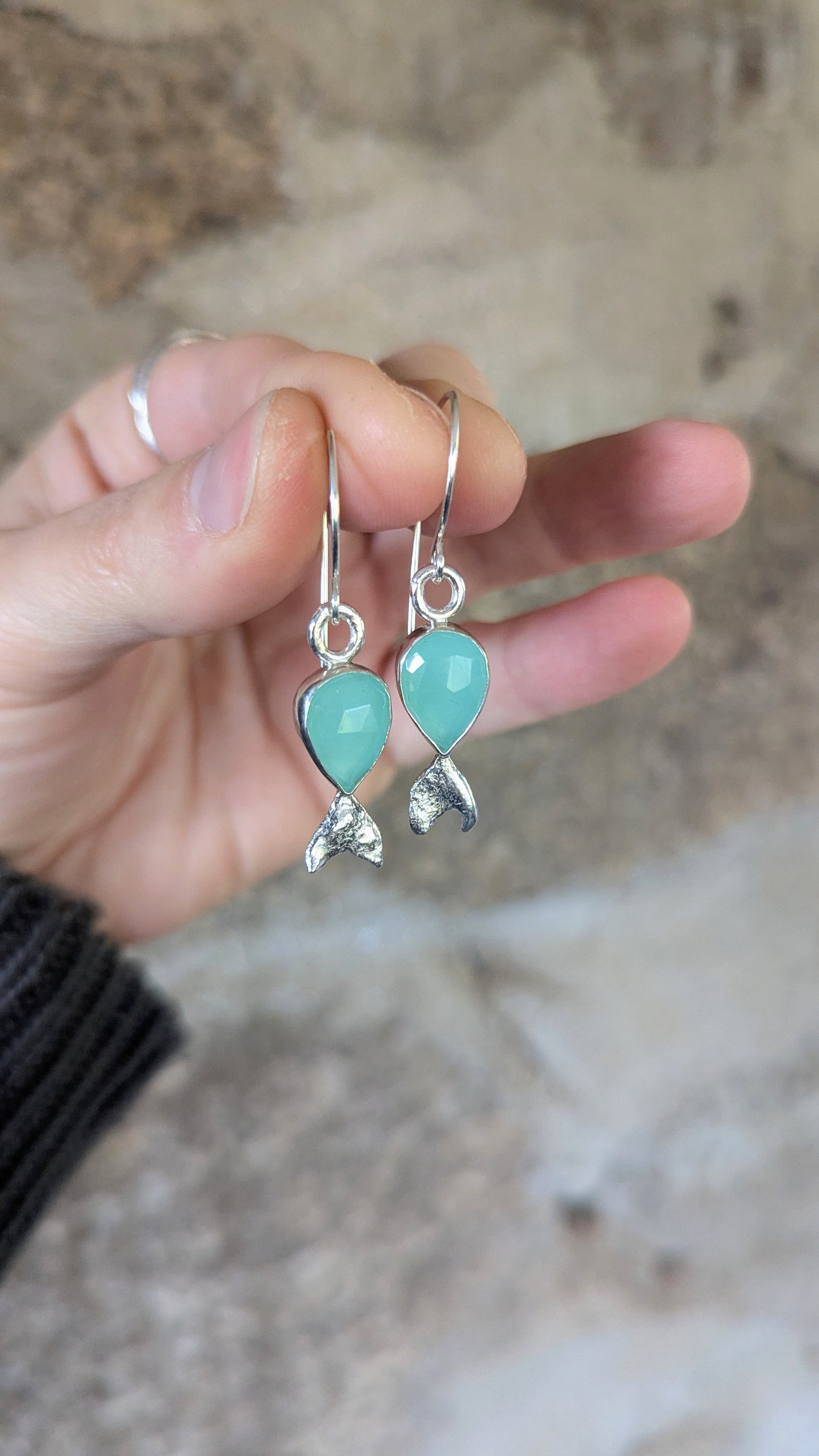 Aqua Chalcedony Fish Earrings
