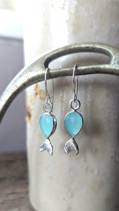 Aqua Chalcedony Fish Earrings