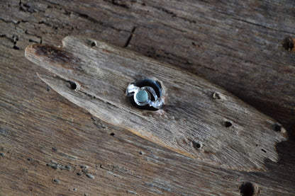 Aquamarine Blue Sea Glass & Molten Silver Ring - Size P