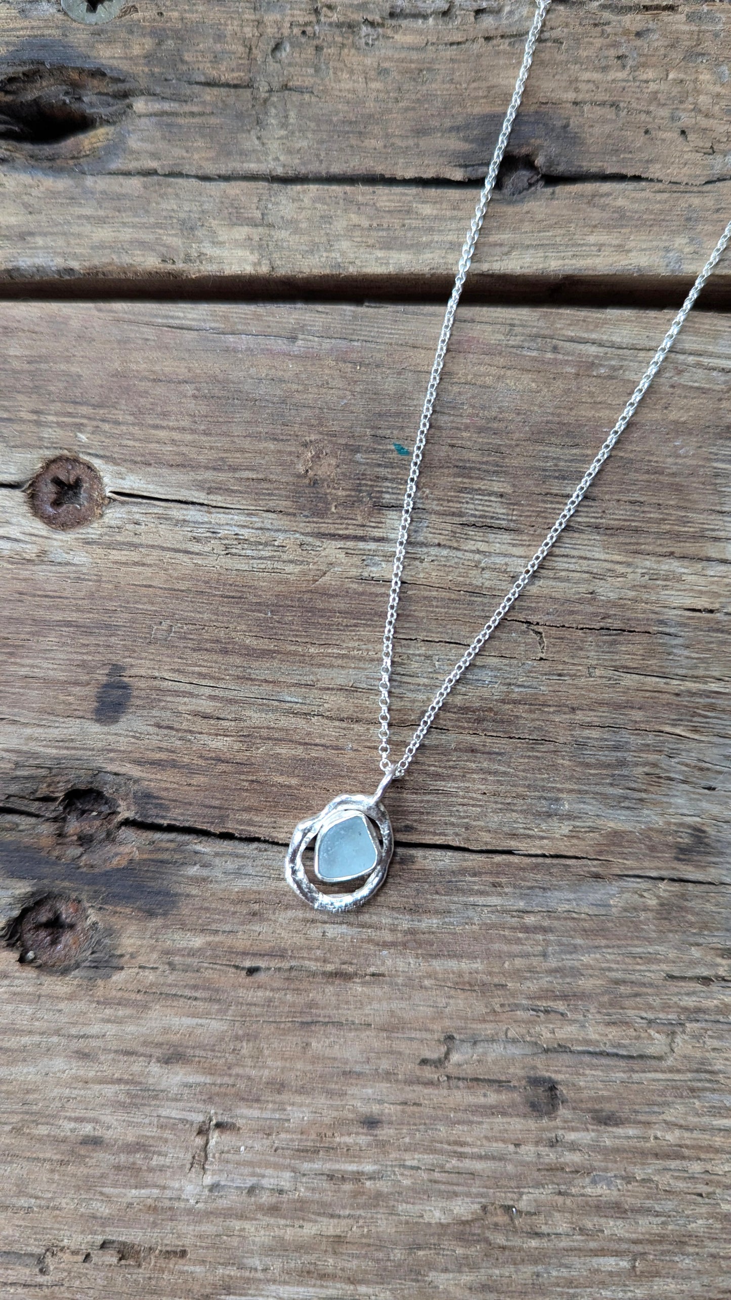 Sky Blue Sea Glass & Molten Silver Necklace