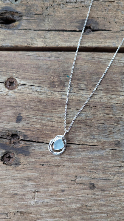 Sky Blue Sea Glass & Molten Silver Necklace