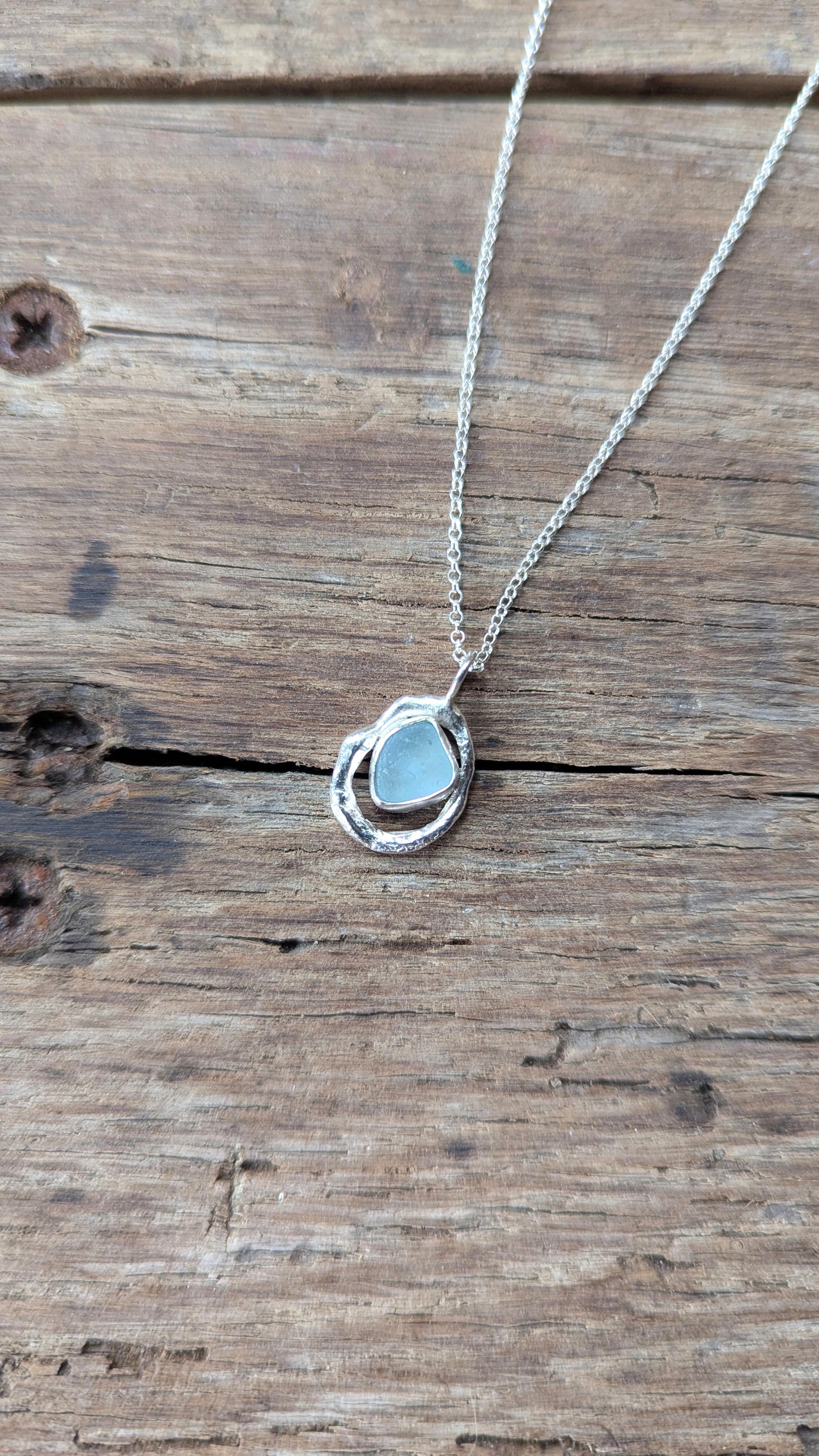 Sky Blue Sea Glass & Molten Silver Necklace