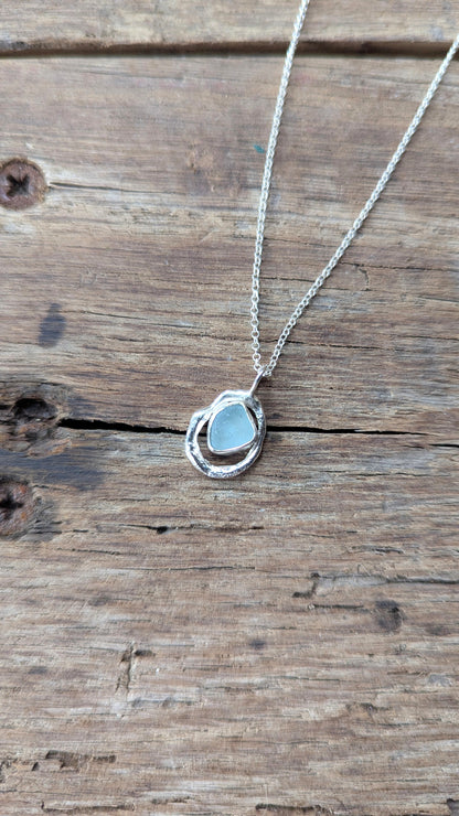 Sky Blue Sea Glass & Molten Silver Necklace