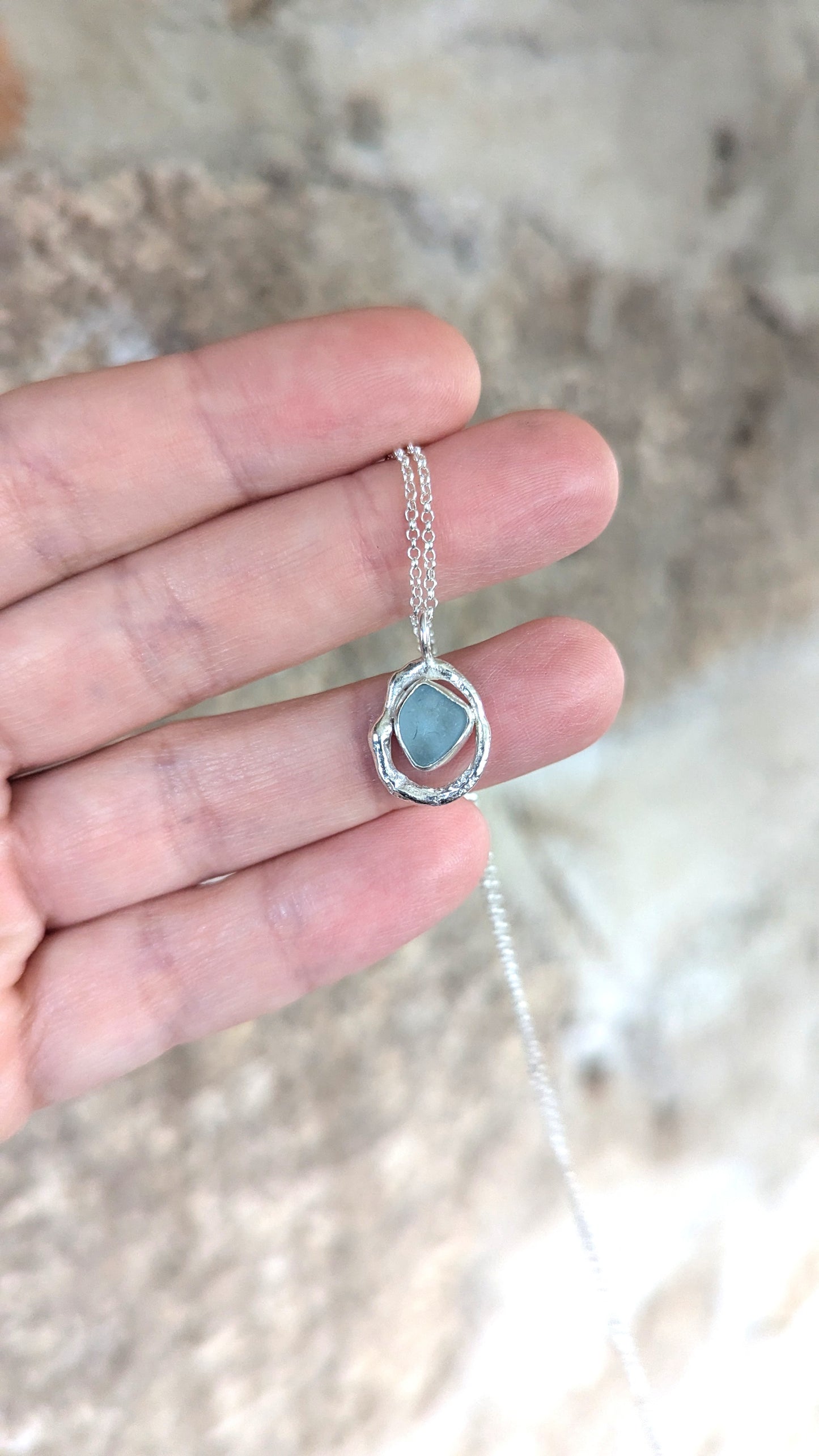 Sky Blue Sea Glass & Molten Silver Necklace