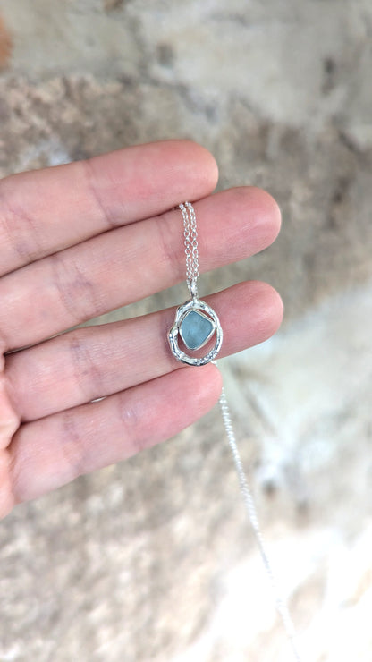 Sky Blue Sea Glass & Molten Silver Necklace