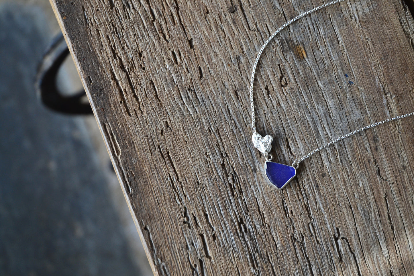 Blue Sea Glass & Molten Silver Strotha Necklace