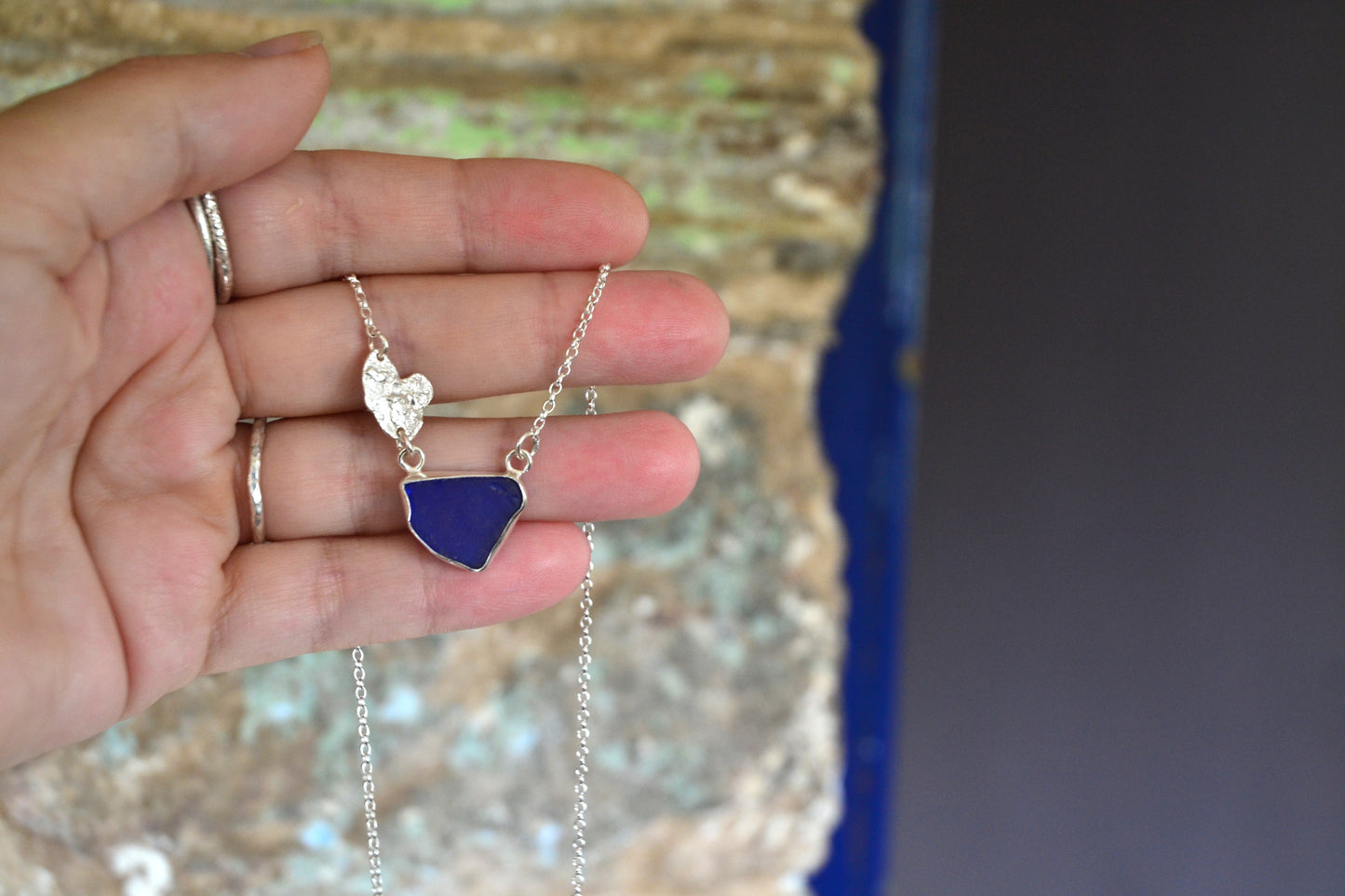 Blue Sea Glass & Molten Silver Strotha Necklace