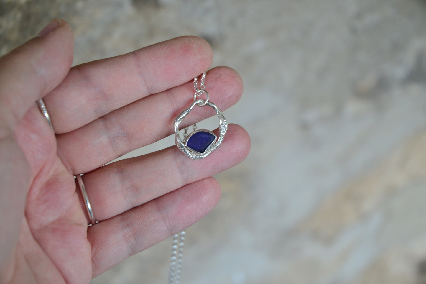 Cobalt Blue Sea Glass & Molten Silver Necklace