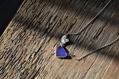 Blue Sea Glass & Molten Silver Strotha Necklace