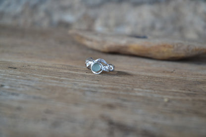 Aquamarine Blue Sea Glass & Molten Silver Ring - Size P