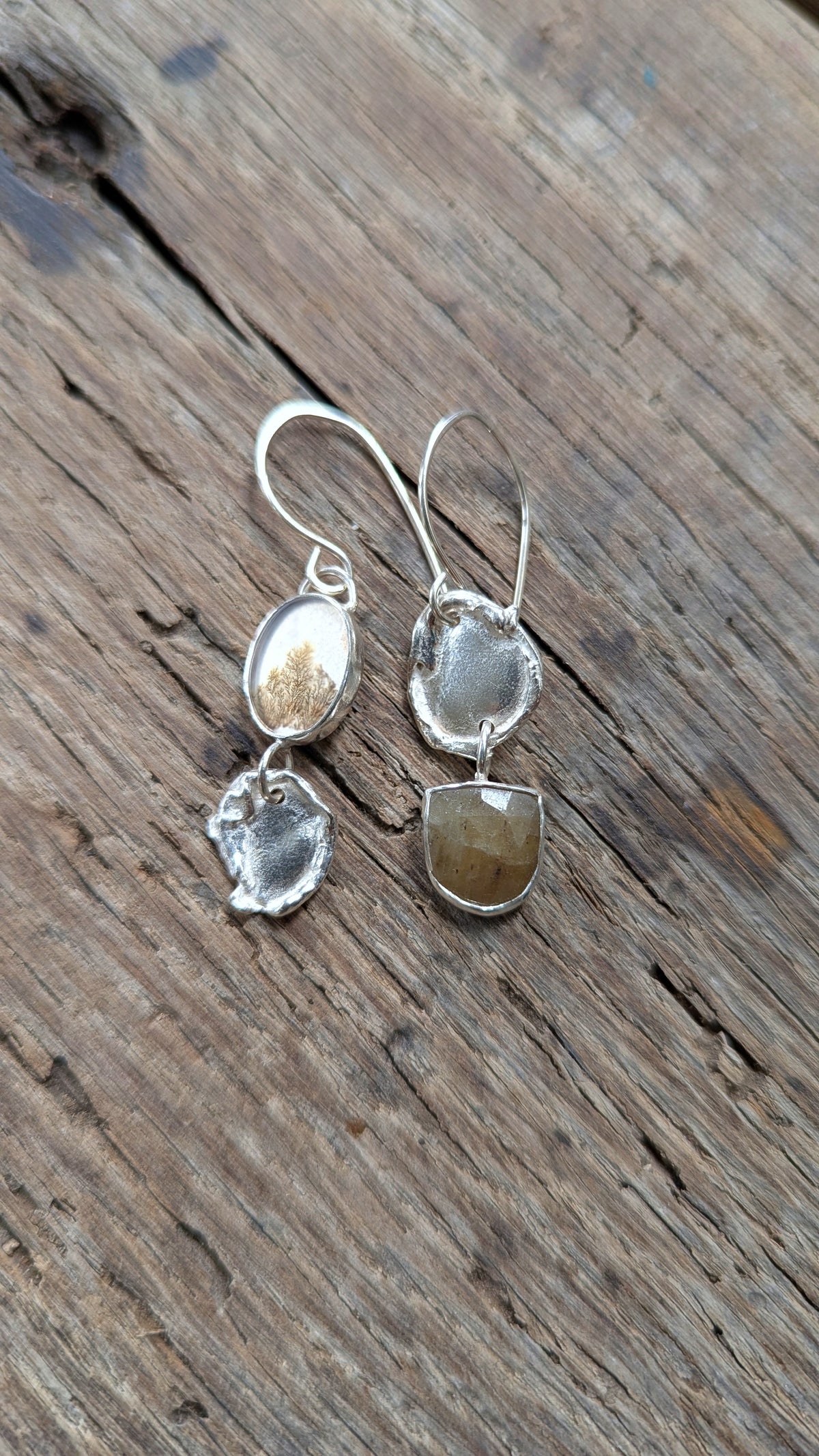 Molten Silver, Sapphire & Dendritic Agate Earrings