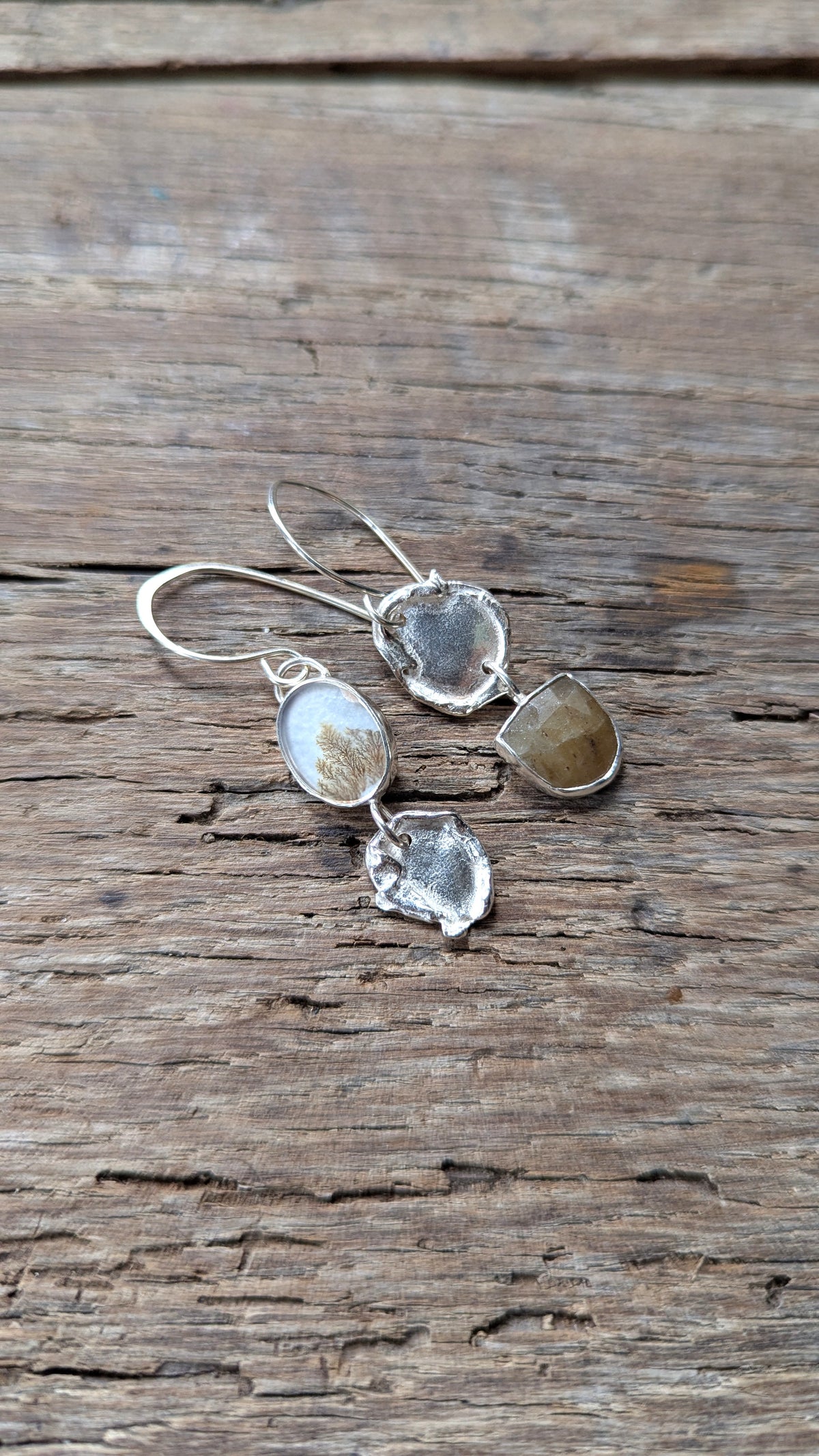 Molten Silver, Sapphire & Dendritic Agate Earrings