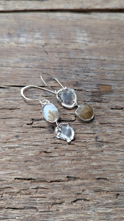 Molten Silver, Sapphire & Dendritic Agate Earrings