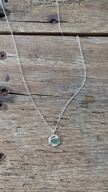 Forest Green Sea Glass & Molten Silver Necklace