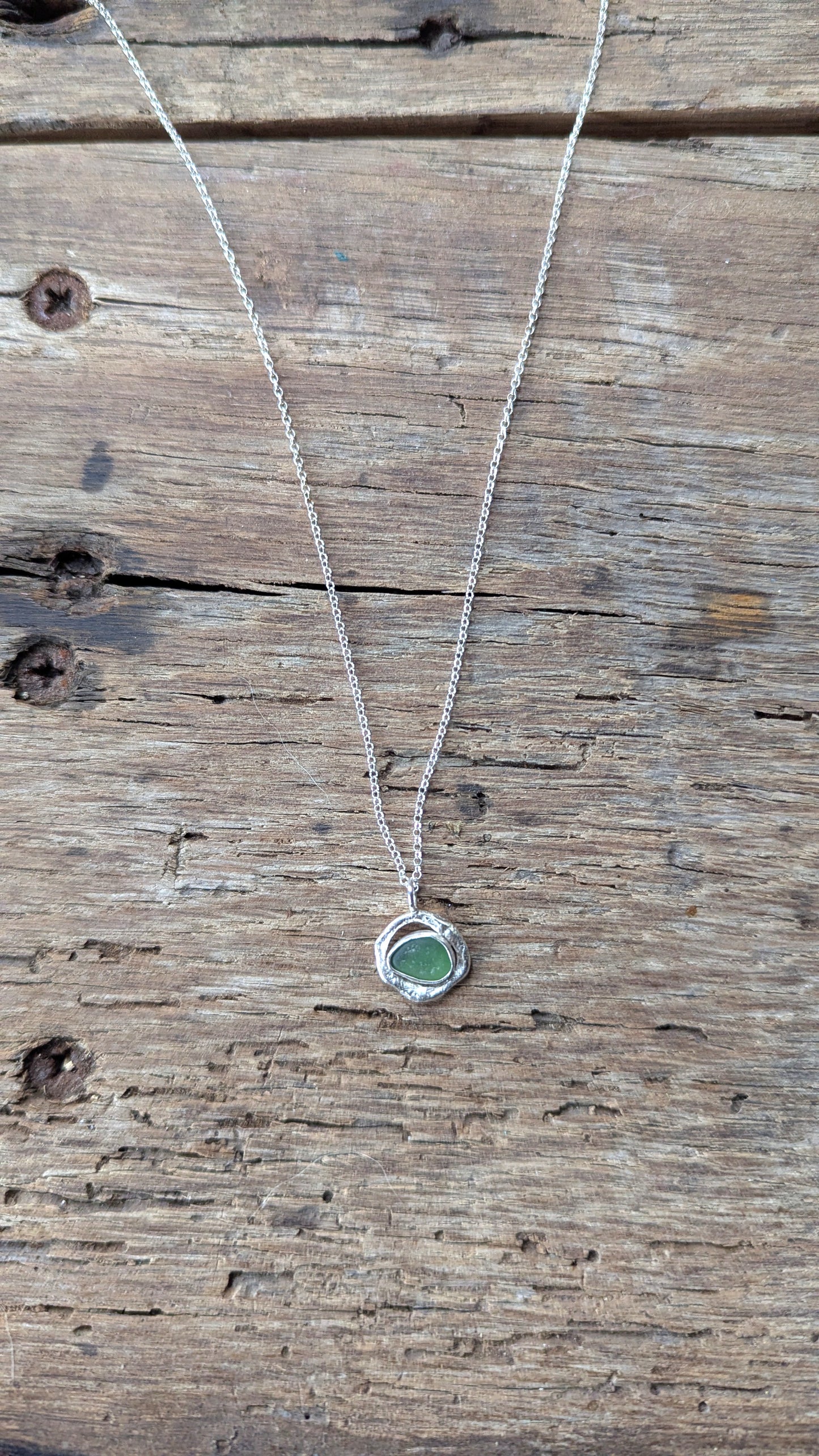 Forest Green Sea Glass & Molten Silver Necklace