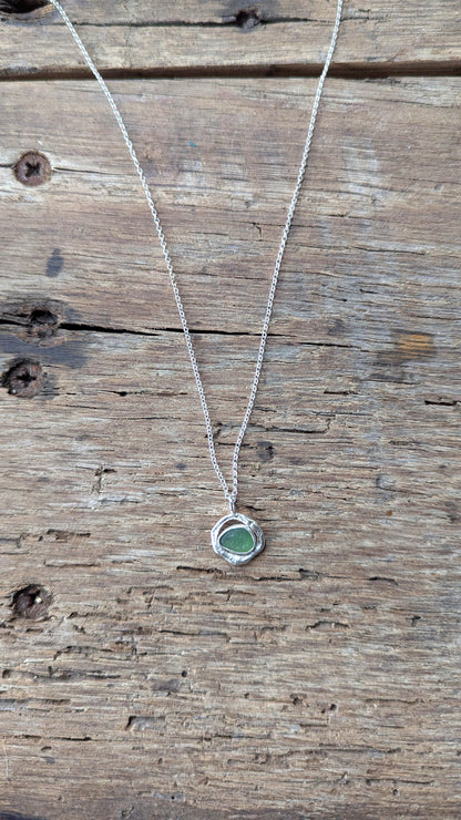Forest Green Sea Glass & Molten Silver Necklace