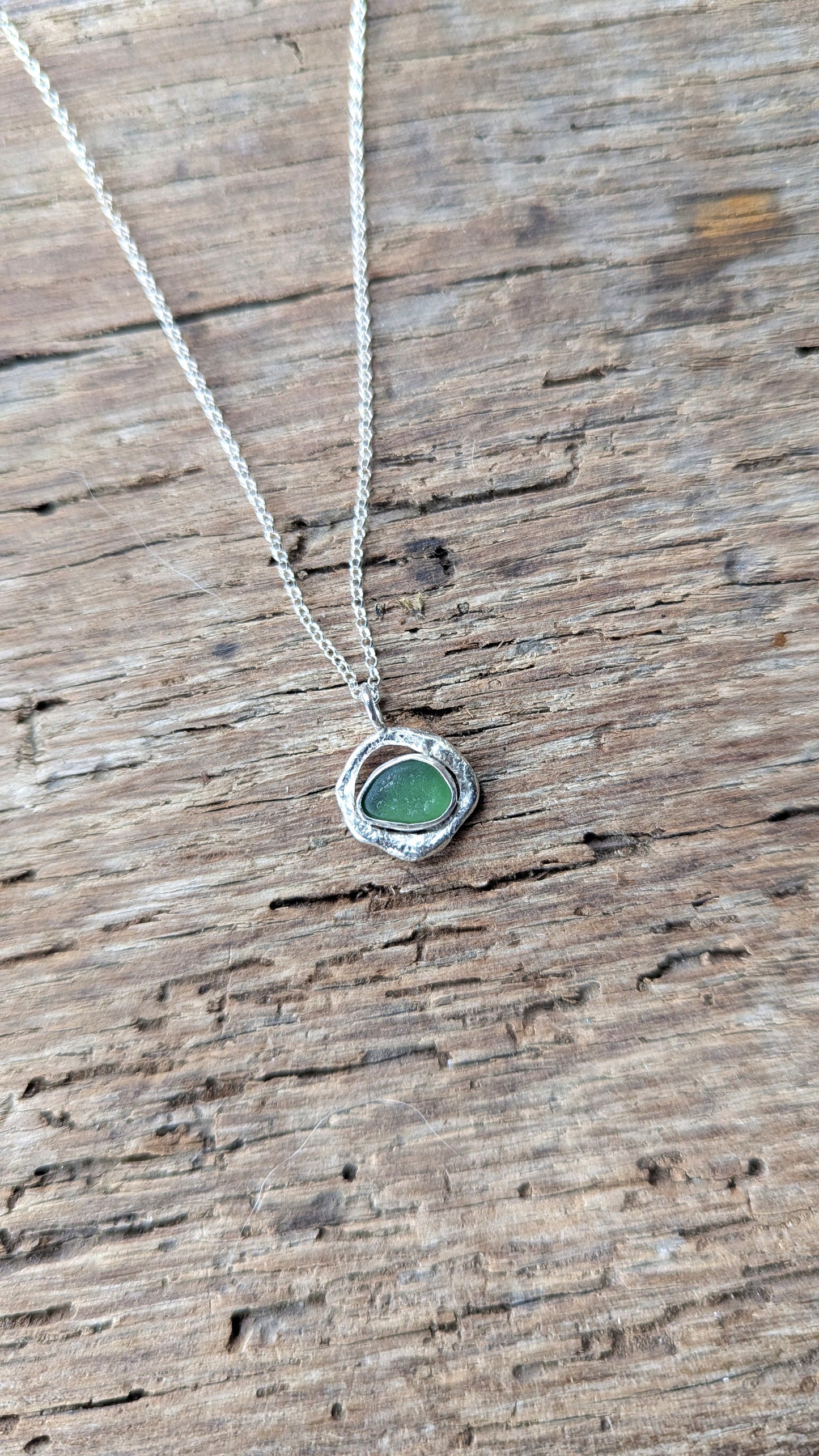 Forest Green Sea Glass & Molten Silver Necklace