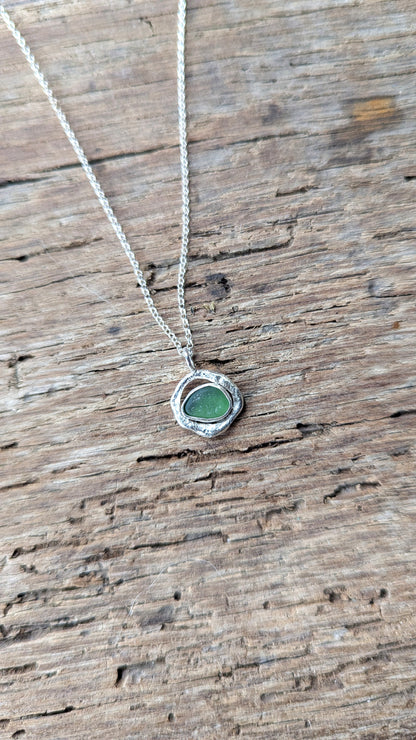 Forest Green Sea Glass & Molten Silver Necklace