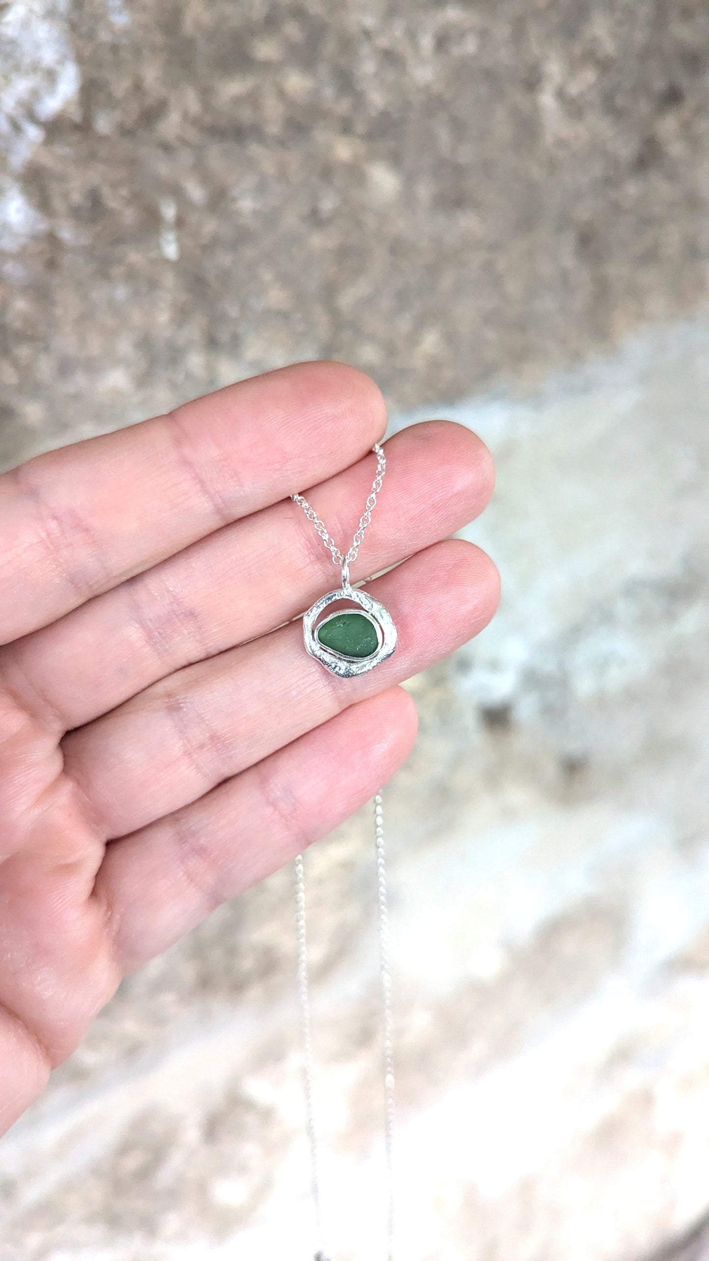 Forest Green Sea Glass & Molten Silver Necklace
