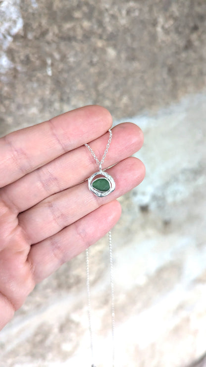 Forest Green Sea Glass & Molten Silver Necklace