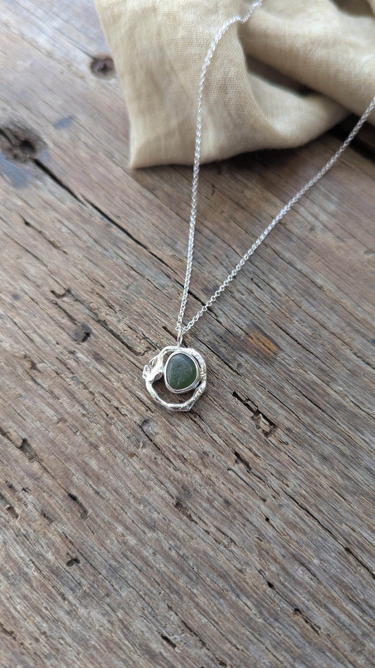 Forest Green Sea Glass & Molten Silver Necklace