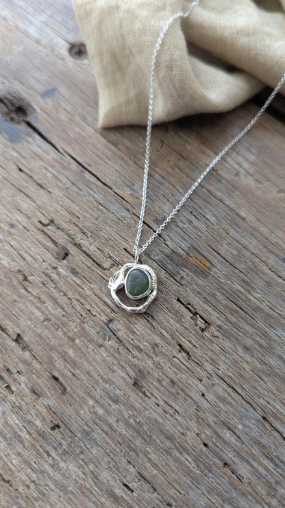 Forest Green Sea Glass & Molten Silver Necklace