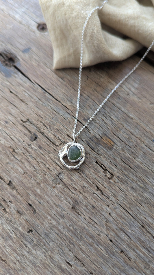 Forest Green Sea Glass & Molten Silver Necklace