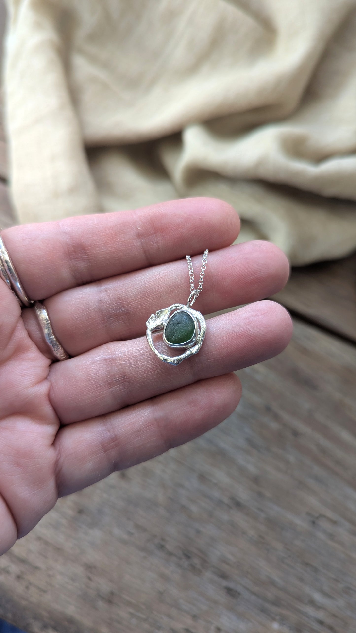 Forest Green Sea Glass & Molten Silver Necklace