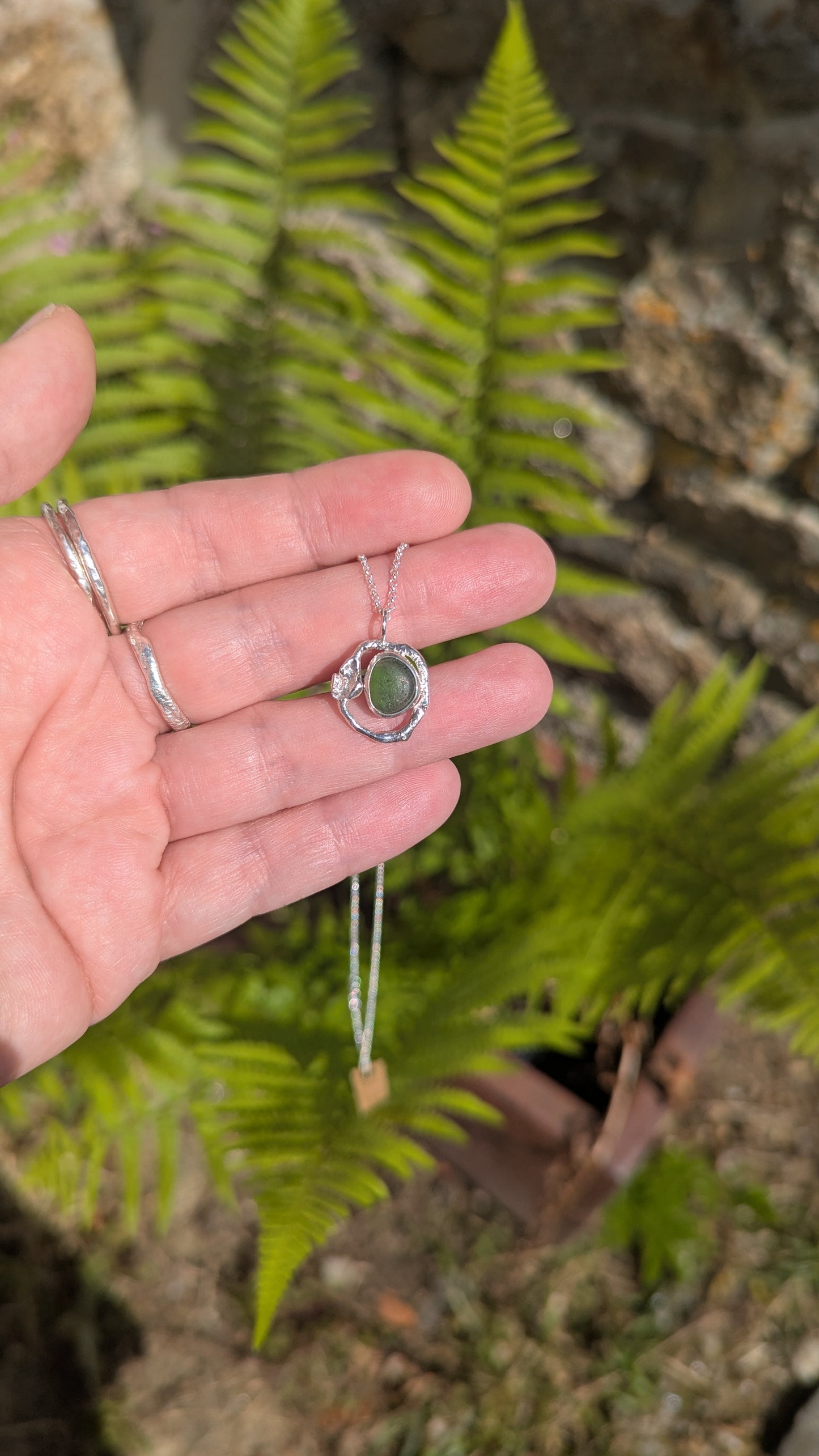 Forest Green Sea Glass & Molten Silver Necklace