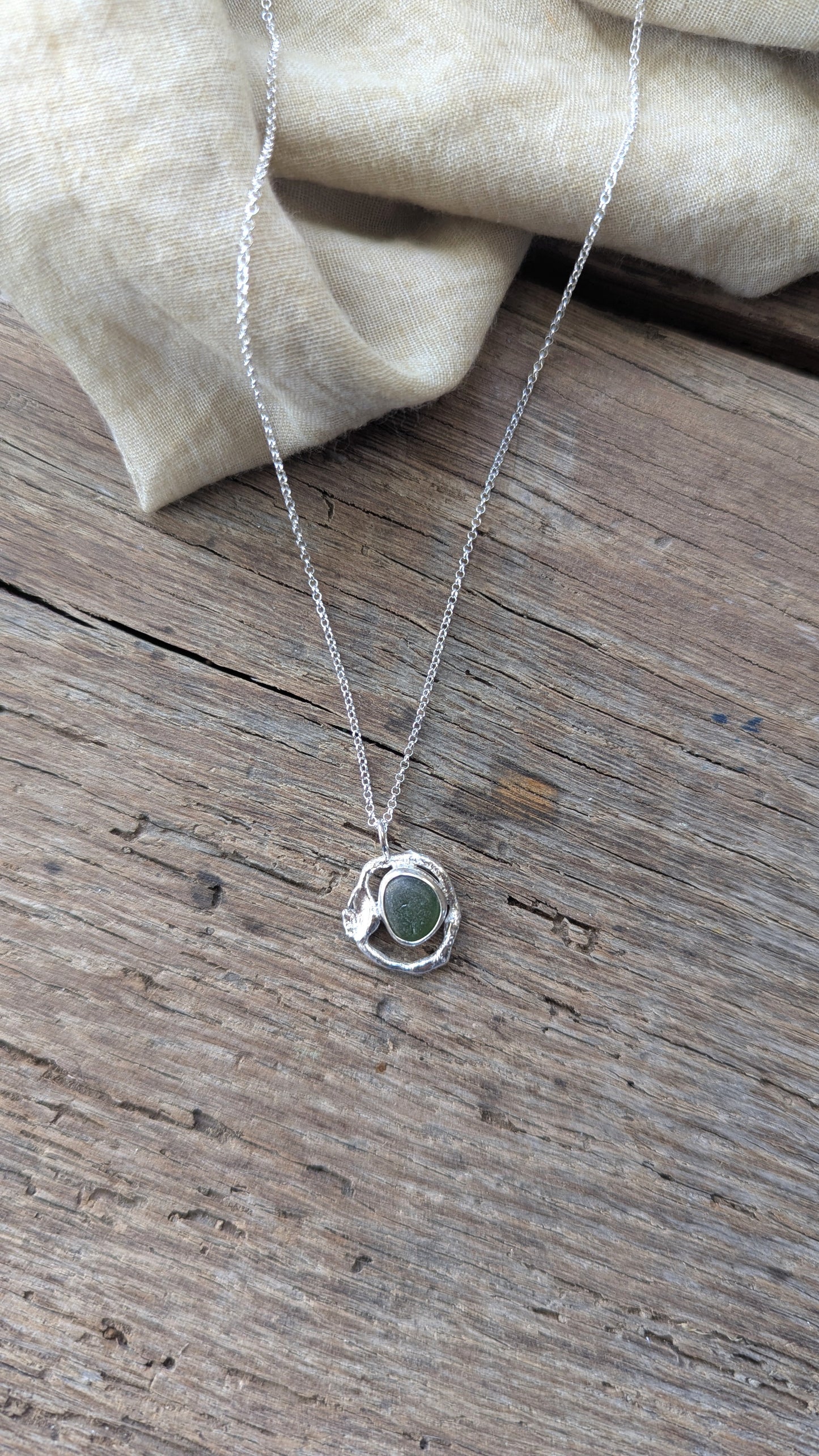 Forest Green Sea Glass & Molten Silver Necklace