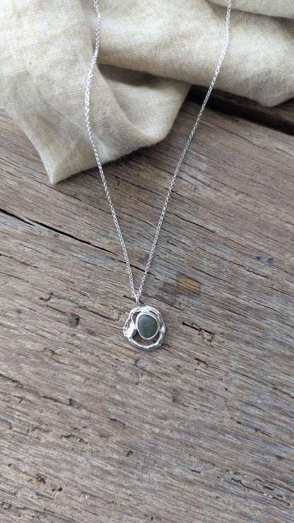 Forest Green Sea Glass & Molten Silver Necklace
