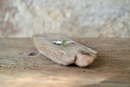 Green Sea Glass & Molten Silver Ring - Size U