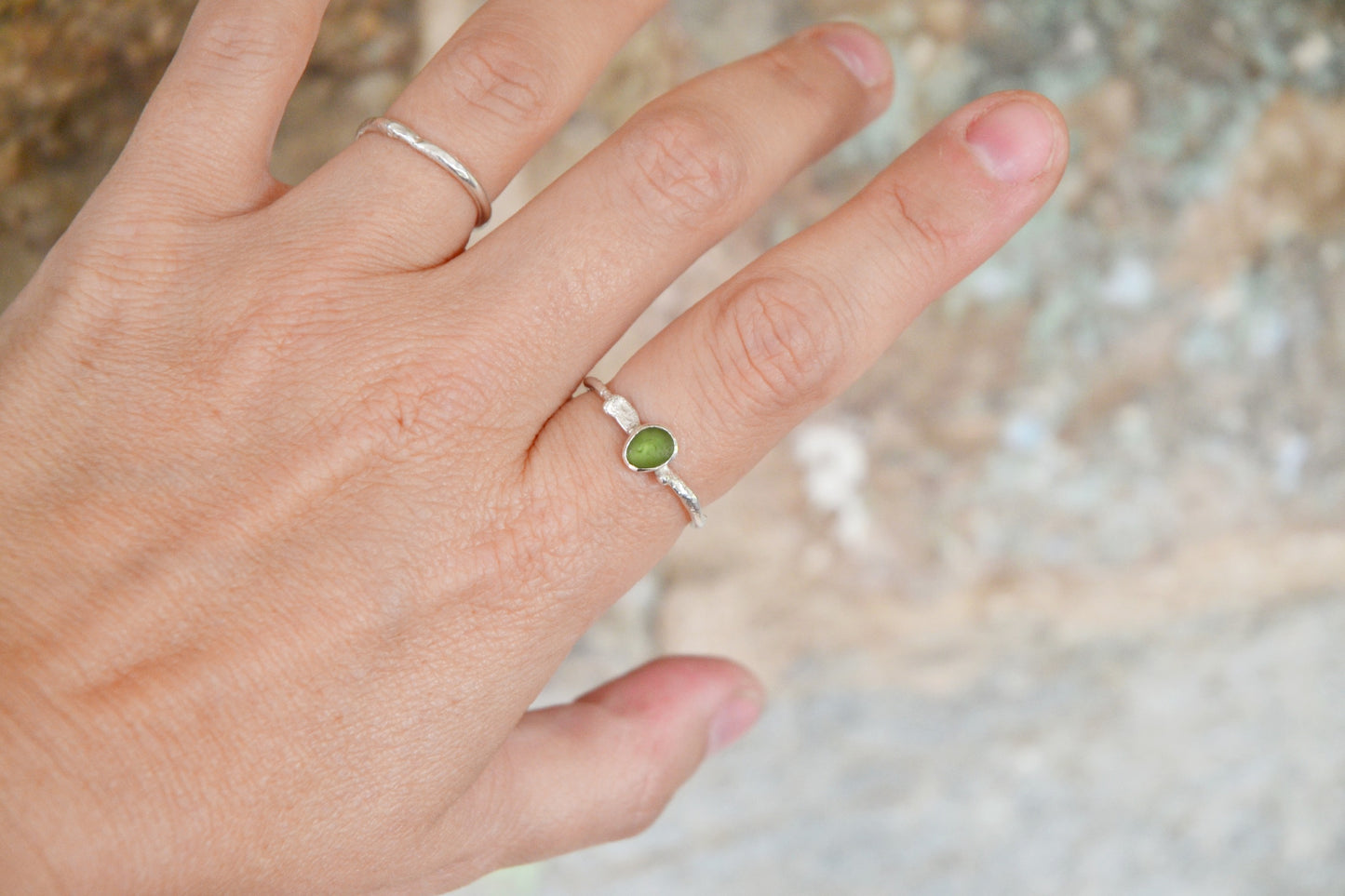 Green Sea Glass & Molten Silver Ring - Size U