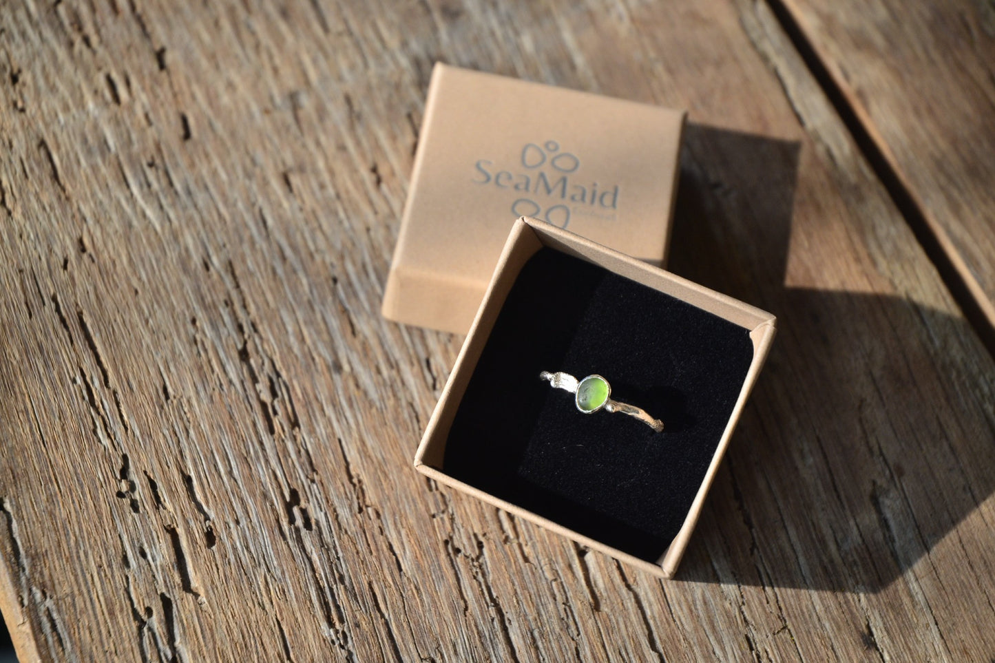 Green Sea Glass & Molten Silver Ring - Size U