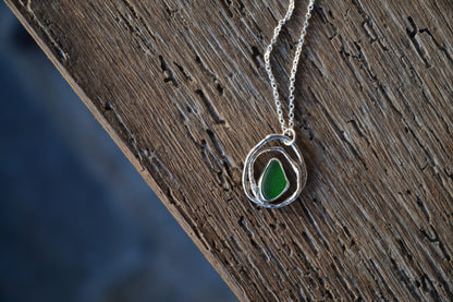 Green Sea Glass & Molten Silver Necklace