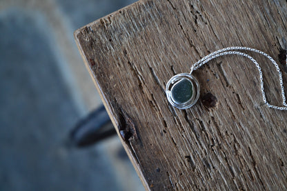 Dark Green Sea Glass Molten Silver Necklace