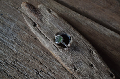 Green Sea Glass & Molten Silver Ring - Size Q