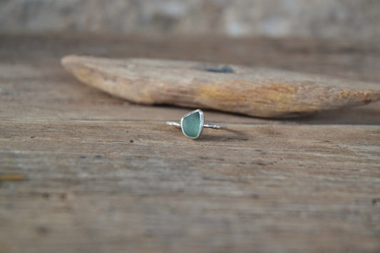 Green Sea Glass & Molten Silver Ring - Size R