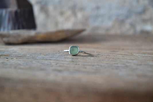 Green Sea Glass & Molten Silver Ring - Size N