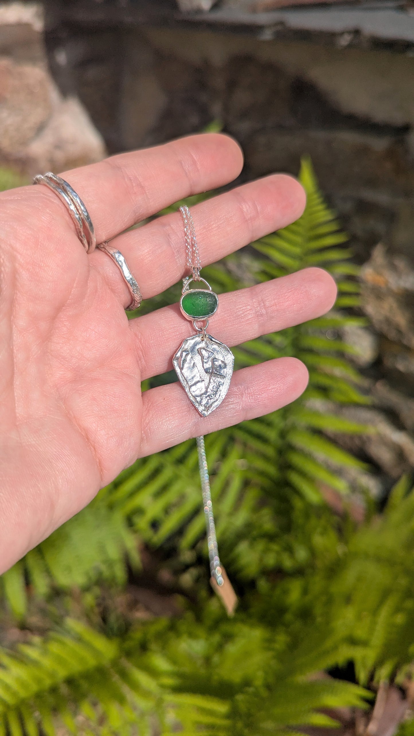 Green Sea Glass & Molten Silver Necklace